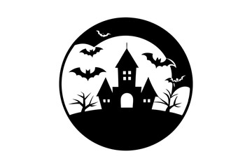 Halloween background with haunted house, full moon, pumpkins and trees