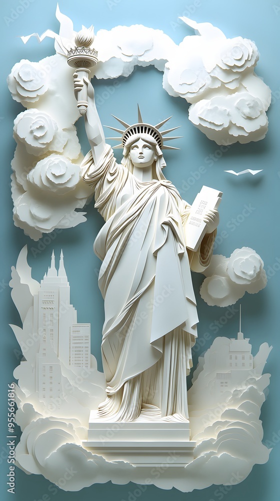 Poster 6. **design a 3d paper cut of the statue of liberty with its torch and crown, and an open area in th