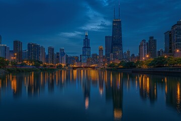 Fototapeta premium A stunning city skyline captured at dusk. Reflections dance on the water. This modern urban scene showcases vibrant lights and towering buildings. Generative AI