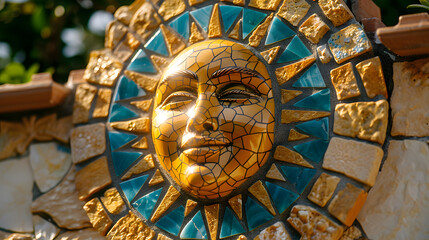 A sun face mosaic sculpture with vibrant tiles and stunning design, ideal for enhancing garden decor or outdoor art installations. It adds a touch of beauty and charm to any outdoor space