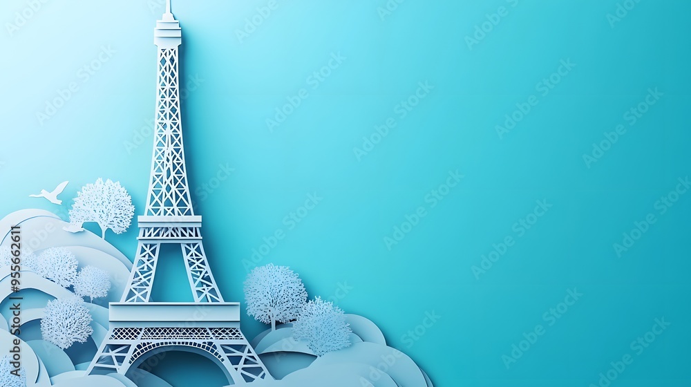 Poster 1. **design a 3d paper cut concept of the eiffel tower, with layered iron latticework and an empty s
