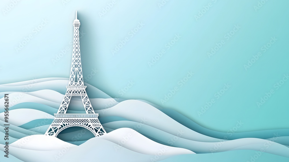 Poster 1. **design a 3d paper cut concept of the eiffel tower, with layered iron latticework and an empty s