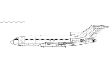 Boeing 727-100. Vector drawing of narrow-body mid-range passenger jet airliner. Side view. Image for illustration and infographics.