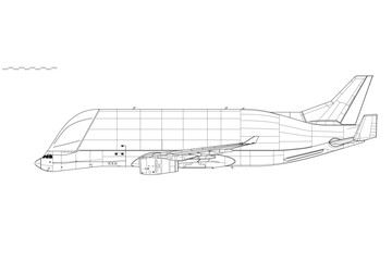 Airbus Beluga XL. A330-743L. Vector drawing of outsize freight aircraft. Side view. Image for illustration and infographics.