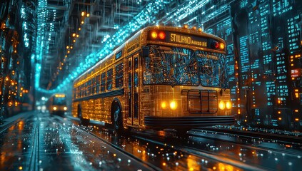 Obraz premium yellow school bus with orange lights on the side, composed of light blue and black lines, standing in front of a holographic digital data visualization space background. 