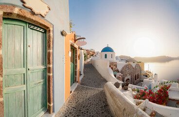 typical street of Oia, traditional greek village of Santorini, Greece, panorama