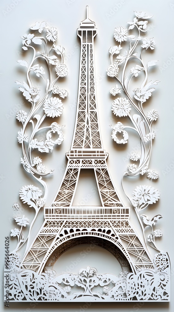 Poster 1. **create a 3d paper cut concept of the eiffel tower with intricate latticework and space at the b