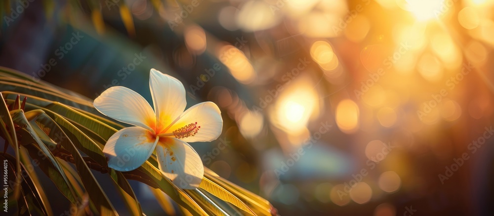 Poster a beautiful flower with coconut tree in the blur background