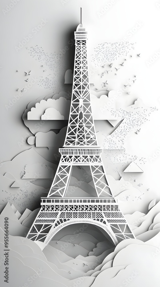Poster 1. **create a 3d paper cut concept of the eiffel tower with intricate latticework and space at the b