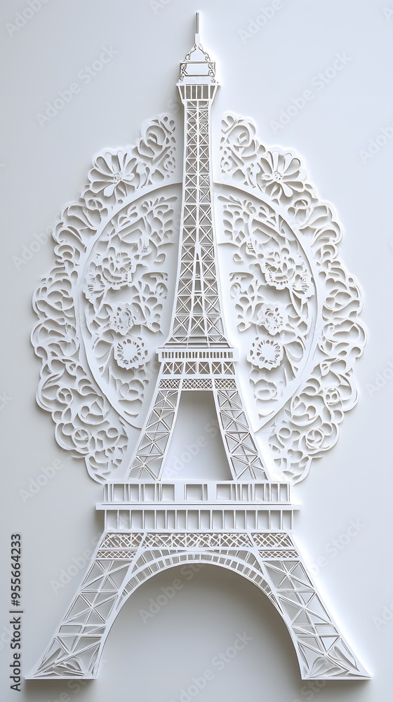 Poster 1. **create a 3d paper cut concept of the eiffel tower with intricate latticework and space at the b