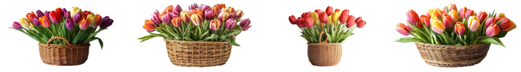 Vibrant tulips arranged in a wicker basket isolated on a white background, perfect for greeting cards or wedding decorations.