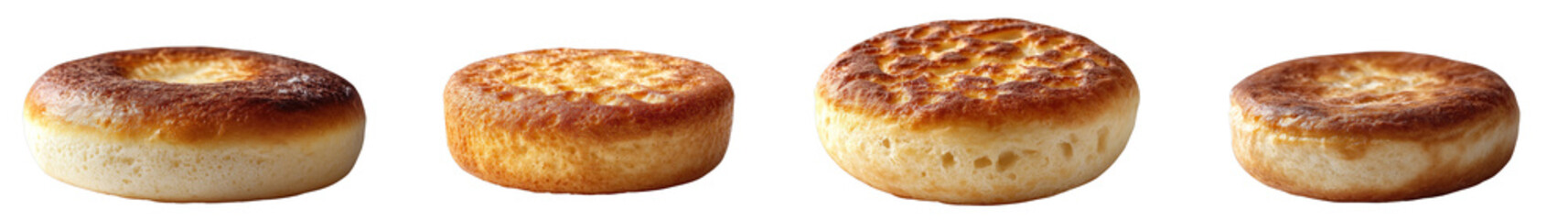 English muffin isolated on a white background, emphasizing its rich texture and nooks and crannies.