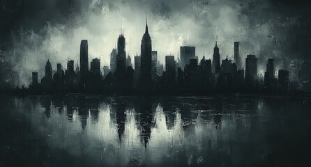 Fototapeta premium a black and white painting of the city skyline, a minimalist painting, on antique paper with grunge edges