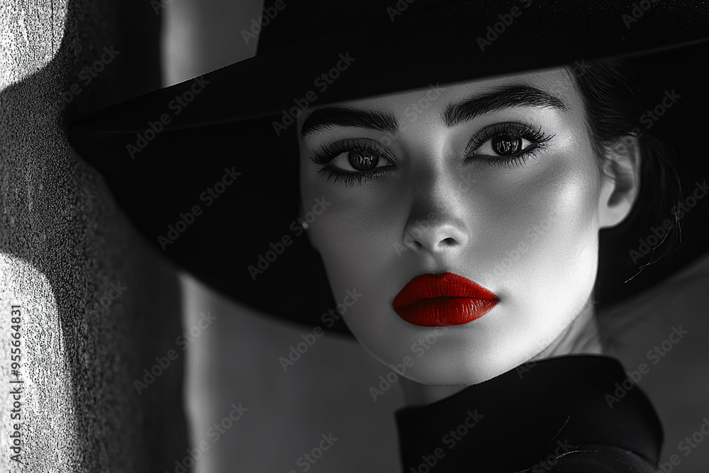 Wall mural close-up black and white portrait of a mysterious woman with red lipstick wearing a hat.