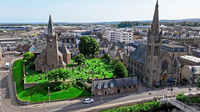 Aerial view of Old High Church and cemetery in Inverness city in the Scottish Highlands. Drone view of Old Town on Scotland&rsquo;s northeast coast, where the River Ness meets the Moray Firth, United Kingdo