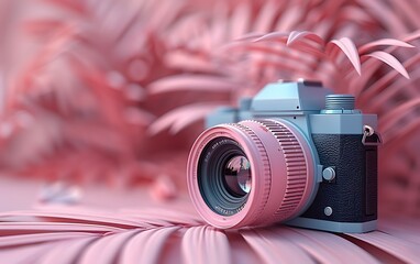 A pink and blue camera rests on a pink background, creating a minimalist and stylish aesthetic.