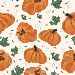 
seamless autumn pattern with round bright orange pumpkins with pumpkin seeds and leaves on a light background, vector
