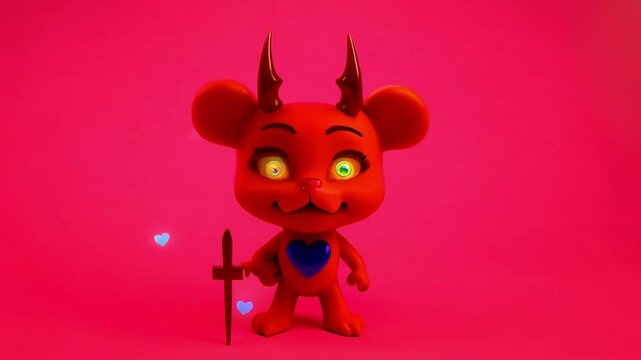 Little devil character with a mischievous grin holding a pitchfork against a bright red background