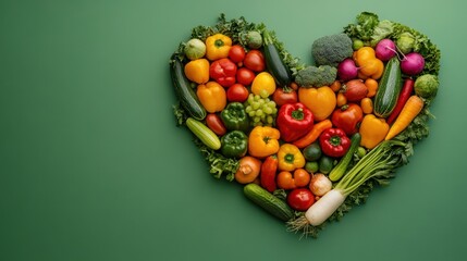 vibrant veggies positioned in a heart shape on green backdrop, ideal for world vegan day banner with room for text