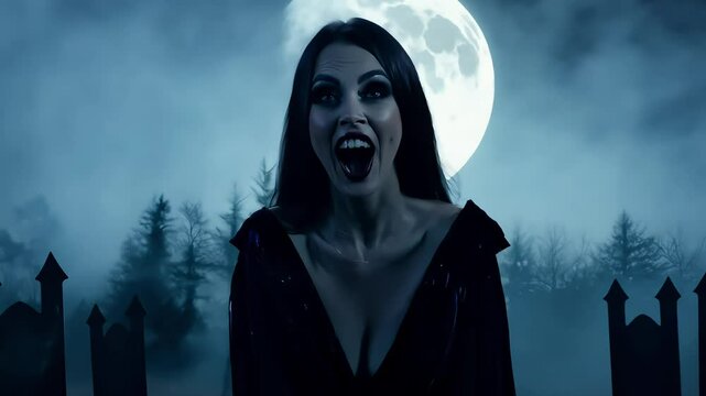 Young female Dracula, around 25 years old, laughing maniacally in a fog-covered graveyard under a full moon, wearing a form-fitting velvet dress with long, sharp nails, her hair blowing slightly 