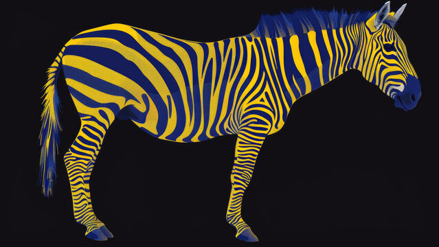 Zebra with unique blue and yellow stripes against a black background