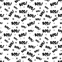 Seamless Halloween illustration with threatening inscriptions Boo and spiders on a white background. Print on wrapping paper, greeting cards, textiles, backgrounds.