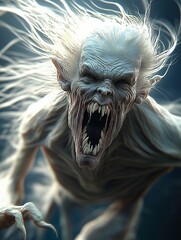 3D rendering of a snarling, pale, long-haired creature with sharp teeth and claws in a dark atmosphere