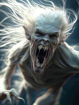 3D rendering of a snarling, pale, long-haired creature with sharp teeth and claws in a dark atmosphere