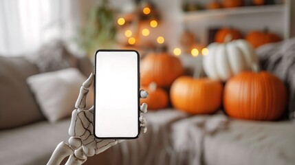 Close-up of a skeleton hand holding a smartphone mockup with white screen against the backdrop of a blurry cozy room with Halloween decor of orange pumpkins, candles and garlands. 