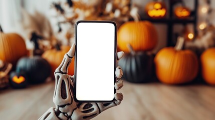 Close-up of a skeleton hand holding a smartphone mockup with white screen against the backdrop of a blurry cozy room with Halloween decor of orange pumpkins, candles and garlands. 