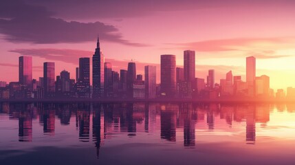 Obraz premium A digital illustration of a city skyline at dusk with a soft pink and purple gradient sky reflected in calm waters.