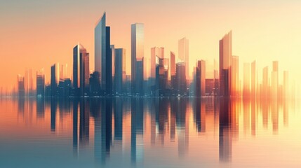 A minimalist, blurred city skyline with reflective skyscrapers bathed in warm, golden light.