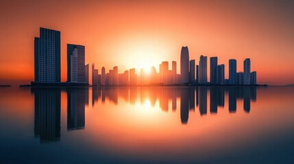 Obraz premium A minimalist city skyline with modern skyscrapers reflected on a tranquil water surface during a vibrant orange sunset.