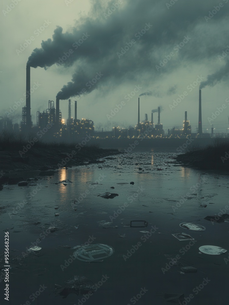 Poster a dense layer of smog hangs over the metropolis, with factories billowing smoke and plastic litterin