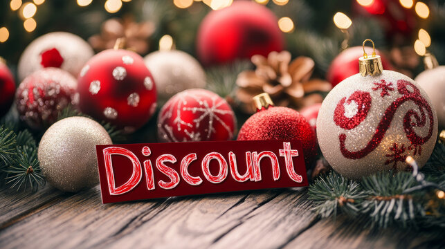 Festive holiday decorations featuring red and gold ornaments with a discount sign on a rustic wooden surface in a cozy atmosphere