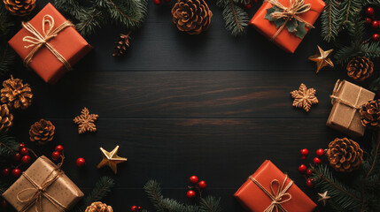 A festive arrangement of gift boxes adorned with bows and greenery on a dark wooden surface during the holiday season