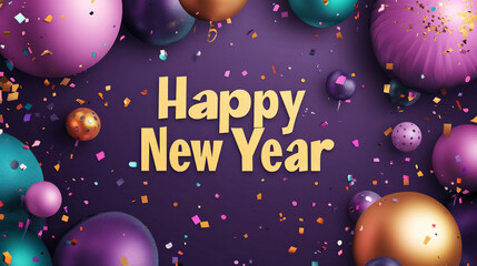 Naklejka premium Colorful decorations for New Year celebration with balloons and confetti on a vibrant background in festive colors