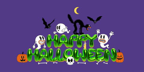 Happy Halloween banner with green font and retro cartoon characters: ghost, bat, black cat, pumpkin, skull, and bones. Vector illustration for holiday posters, flyers, and Halloween-themed designs