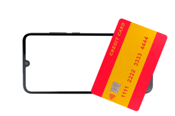 A plastic credit card with the image of the Spanish flag lies on a smartphone with a blank screen (close-up on a transparent background). Paying with a credit card online for purchases in online store