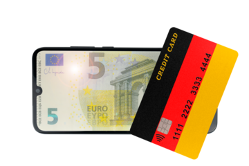 A plastic credit card in the shape of the German flag lies on a smartphone with an image of a 5 euro note on the screen (close-up on a transparent background)