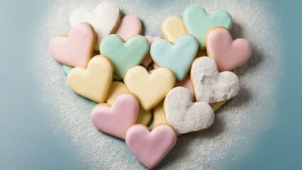 Obraz premium Tasty heart shaped cookies on blue background