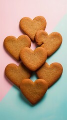Heart shaped ginger cookies on two tone colored background top view