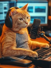 Photo of orange cat wearing headphones, sitting at desk with microphone and keyboard, podcast setup