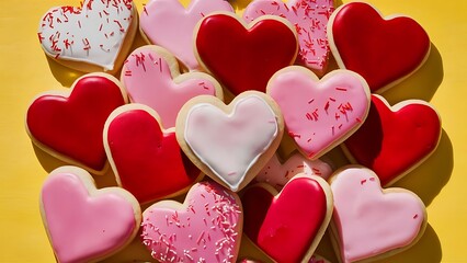 Obraz premium Tasty heart shaped cookies on yellow background