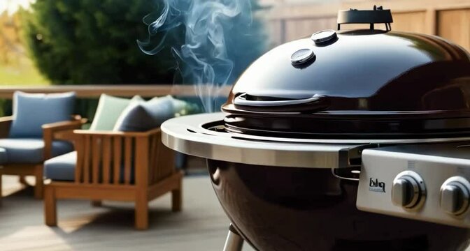 a casual back yard lounge area with a bbq grill in the background