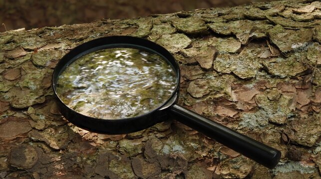 Magnifying glass on the trunk of a spruce - In the glass it reflects the canopy of the forest
