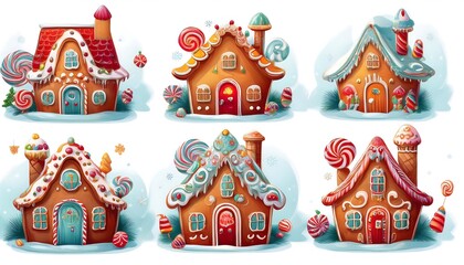 Whimsical gingerbread houses collection featuring playful designs and candy accents in a delightful colorful setup. Graphic art illustration. Ai Generated