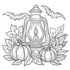 Vintage Halloween Autumn Scene with Lantern, Pumpkins, Leaves, and Bats &ndash; Atmospheric Fall Coloring Page