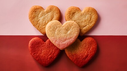 Obraz premium Heart shaped ginger cookies on two tone colored background top view