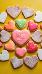 Fototapeta premium Tasty heart shaped cookies on yellow background
